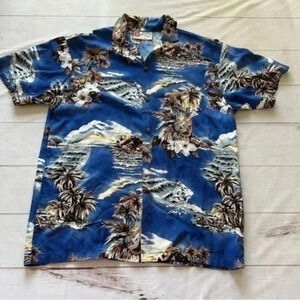 Hilo Hattie Shirt Mens L Blue Hawaiian Camp Short Sleeve Floral Beach Is…